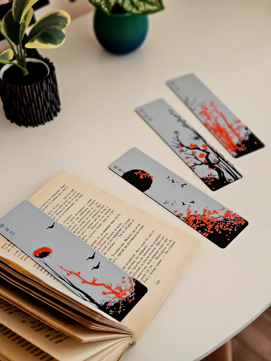 Pack of 4 | Cherry Blossom Theme Bookmarks | Elegant Minimal Japanese Art Design | Durable 3D Bookmarks for Aesthetic Readers & Book Lovers