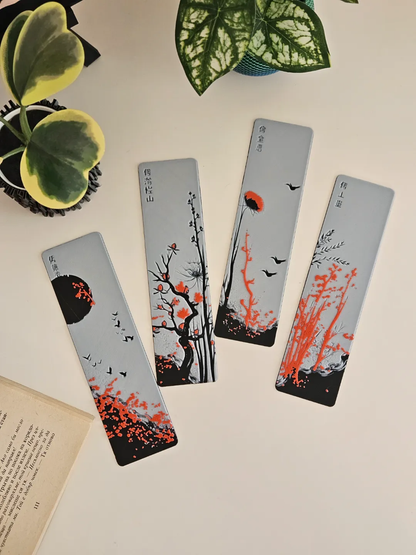 Pack of 4 | Cherry Blossom Theme Bookmarks | Elegant Minimal Japanese Art Design | Durable 3D Bookmarks for Aesthetic Readers &amp; Book Lovers
