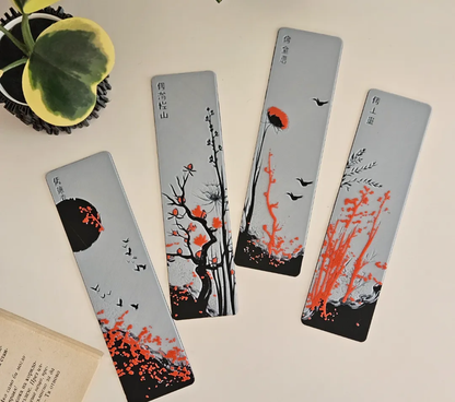 Pack of 4 | Cherry Blossom Theme Bookmarks | Elegant Minimal Japanese Art Design | Durable 3D Bookmarks for Aesthetic Readers &amp; Book Lovers