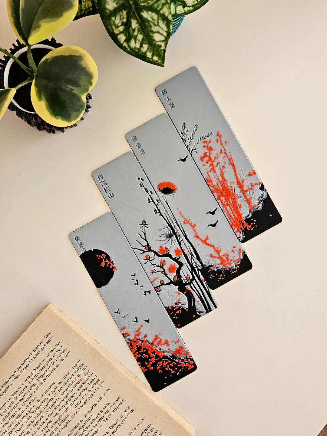 Pack of 4 | Cherry Blossom Theme Bookmarks | Elegant Minimal Japanese Art Design | Durable 3D Bookmarks for Aesthetic Readers &amp; Book Lovers