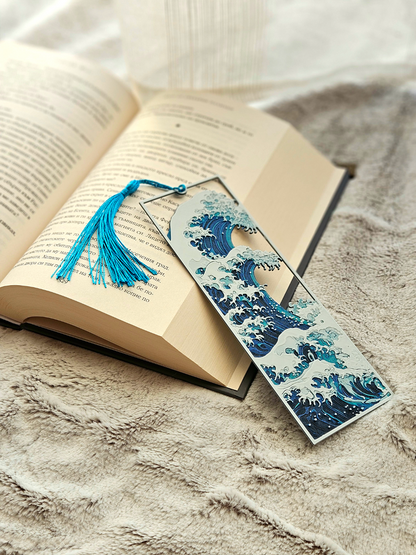 Great Wave Layered Bookmark | Inspired by Hokusai’s Iconic Art, Ocean Blue with Tassel, 15 x 5 cm