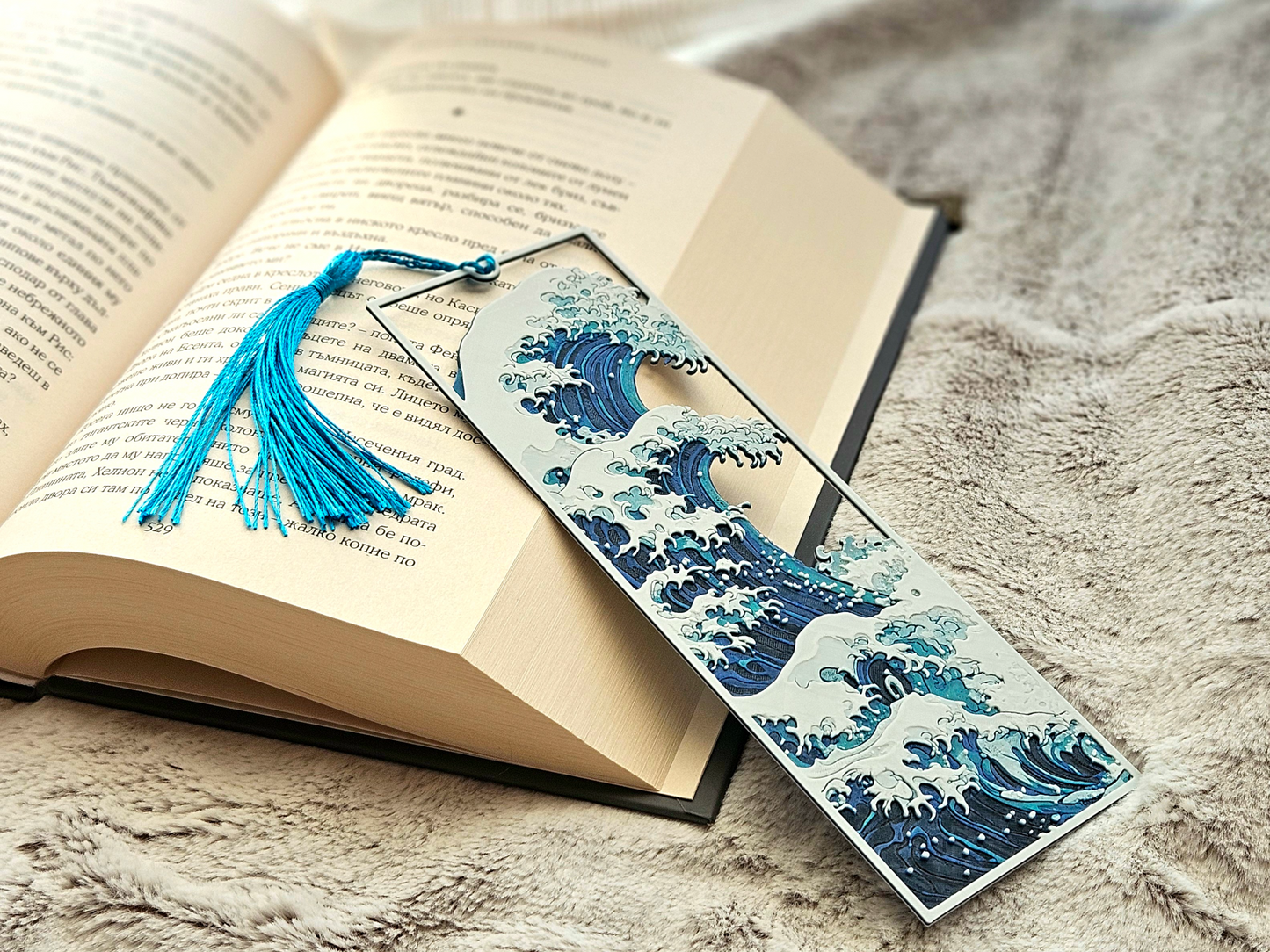 Great Wave Layered Bookmark | Inspired by Hokusai’s Iconic Art, Ocean Blue with Tassel, 15 x 5 cm