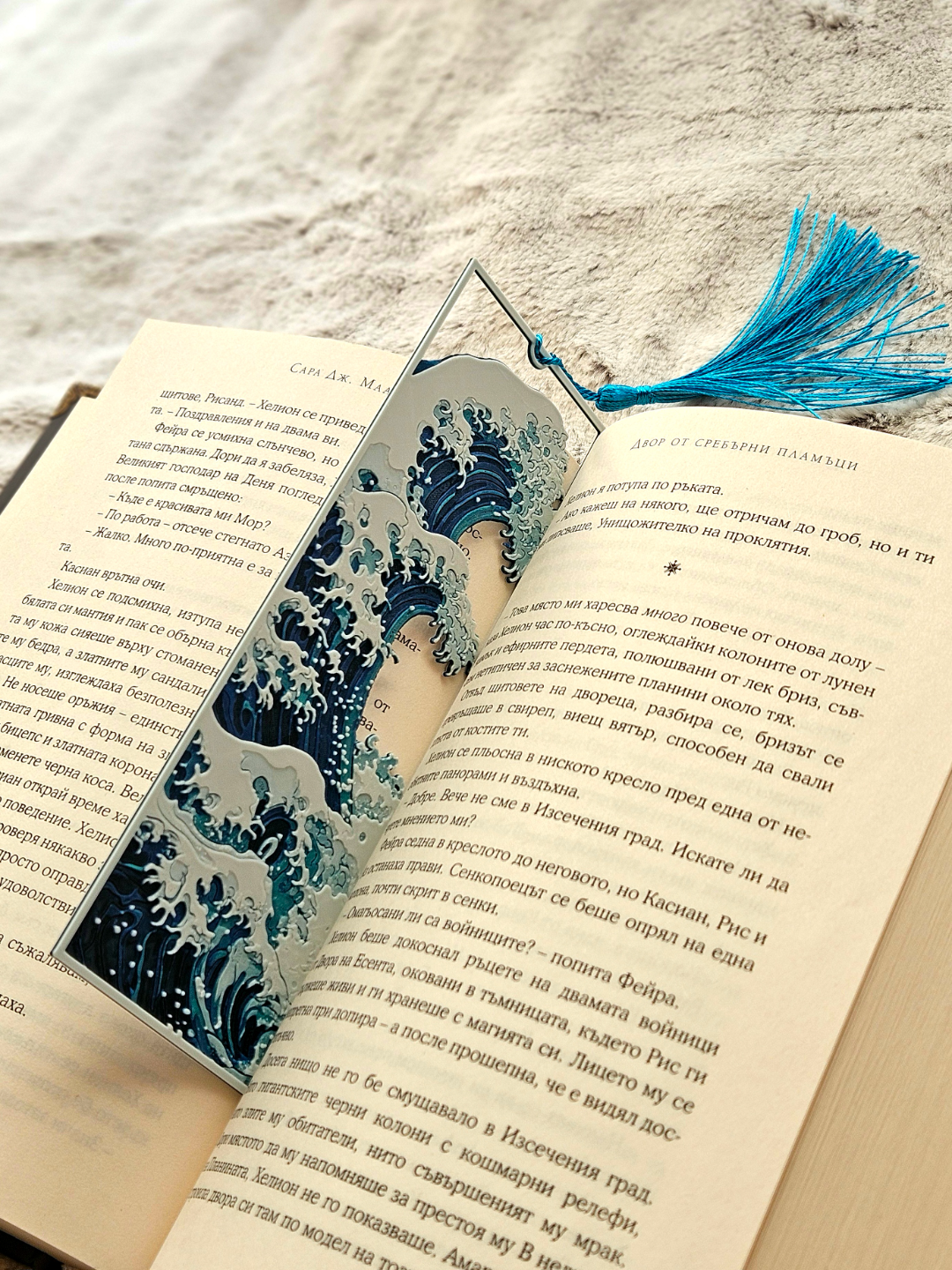 Great Wave Layered Bookmark | Inspired by Hokusai’s Iconic Art, Ocean Blue with Tassel, 15 x 5 cm