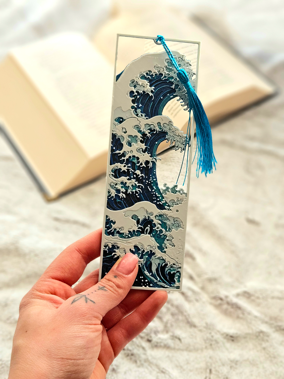 Great Wave Layered Bookmark | Inspired by Hokusai’s Iconic Art, Ocean Blue with Tassel, 15 x 5 cm