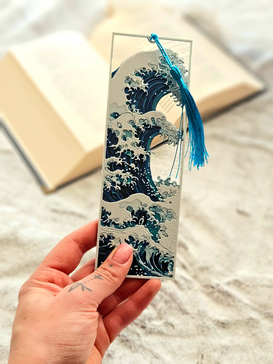 Great Wave Layered Bookmark | Inspired by Hokusai’s Iconic Art, Ocean Blue with Tassel, 15 x 5 cm