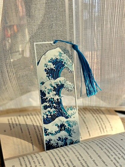Great Wave Layered Bookmark | Inspired by Hokusai’s Iconic Art, Ocean Blue with Tassel, 15 x 5 cm