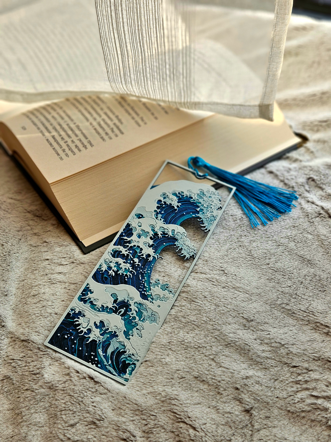 Great Wave Layered Bookmark | Inspired by Hokusai’s Iconic Art, Ocean Blue with Tassel, 15 x 5 cm