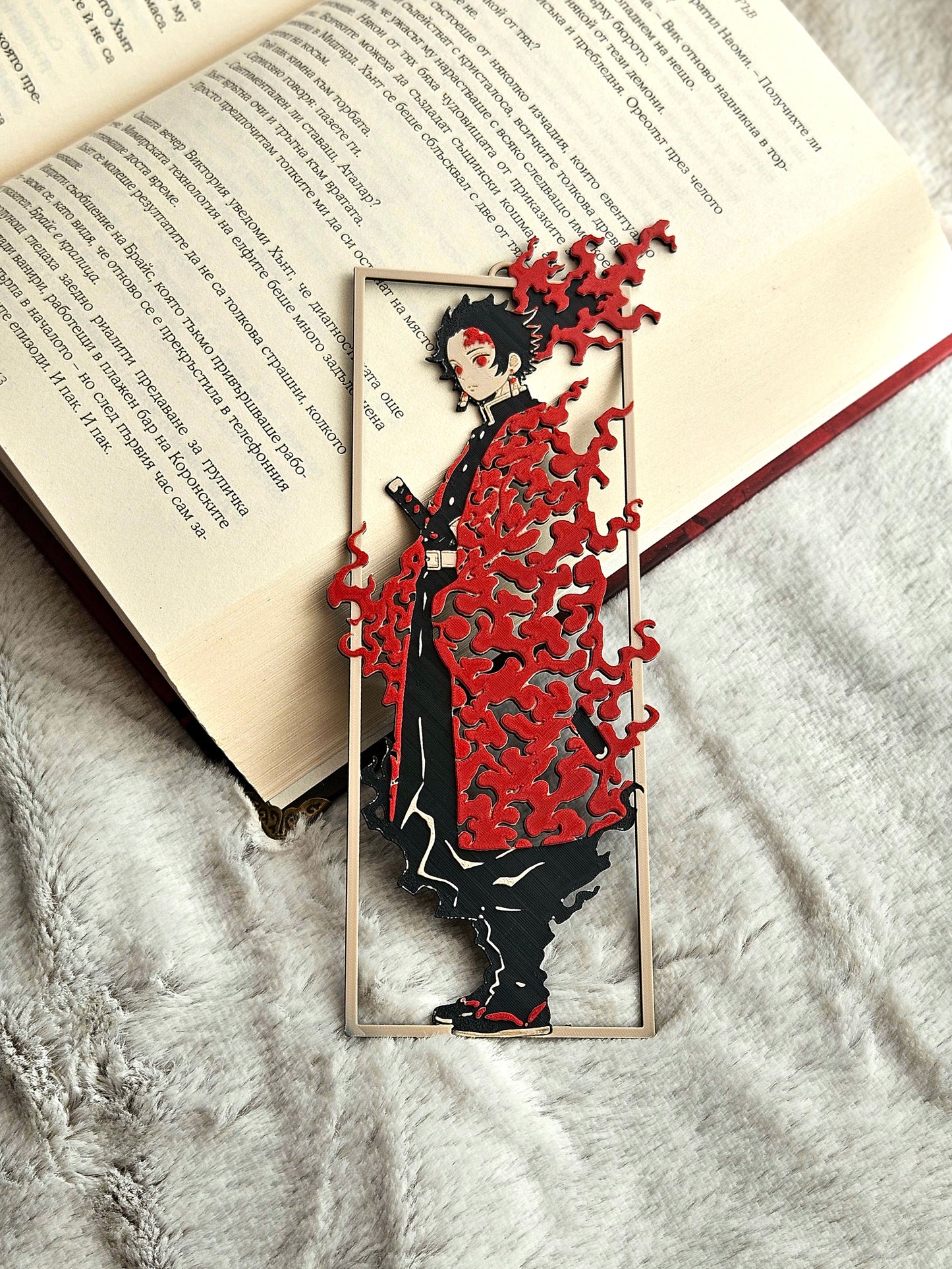 3D Tanjiro Demon Slayer Layered Bookmark | Black and Red Flame Design, 15 x 5 cm, Collectible Anime Accessory