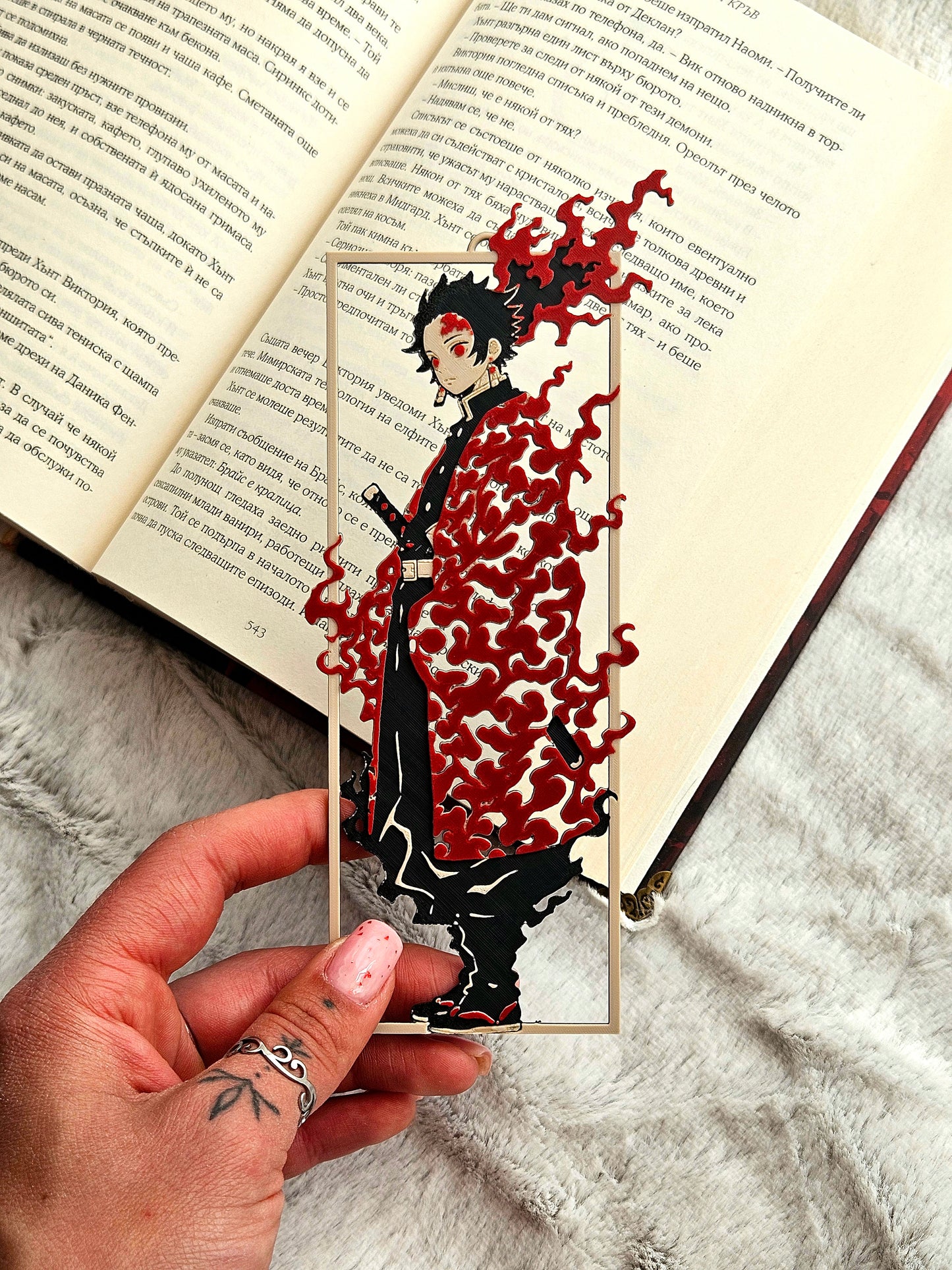 3D Tanjiro Demon Slayer Layered Bookmark | Black and Red Flame Design, 15 x 5 cm, Collectible Anime Accessory