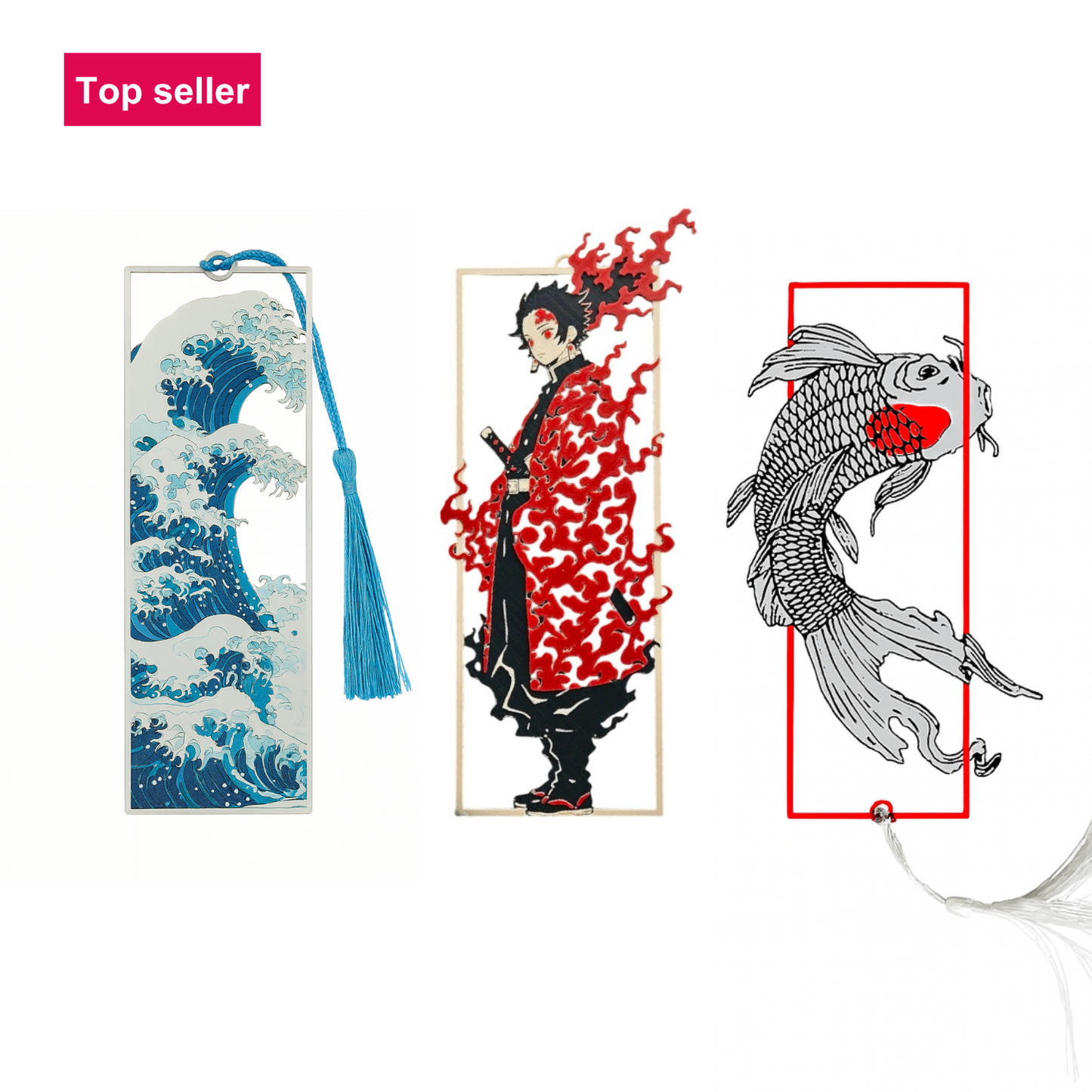 Koi Fish | Great Wave | Tanjiro Flame | Set of 3 | Unique Layered Bookmarks with Tassel